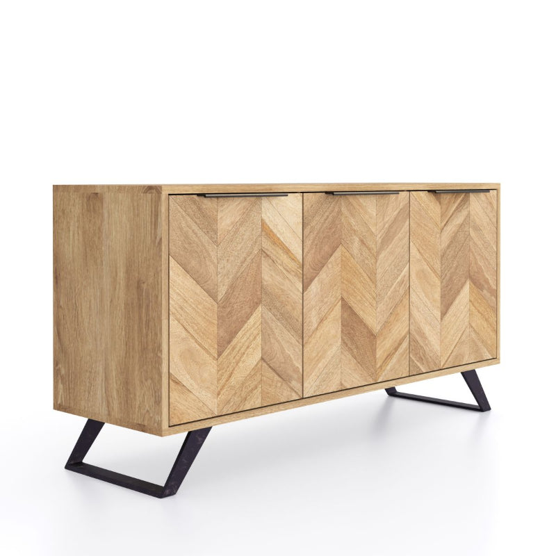Wooden sideboard with chevron pattern and black legs on a white background