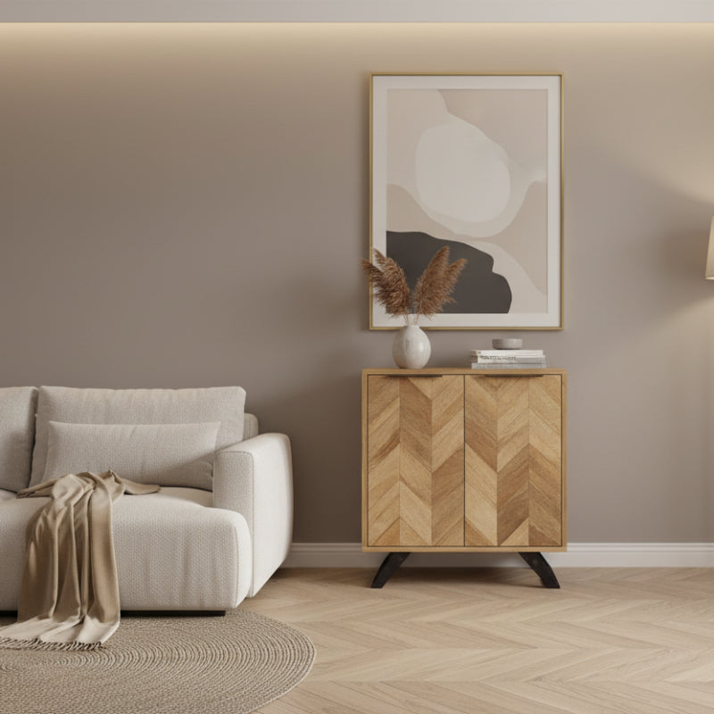 Wooden cabinet with chevron pattern on a white background