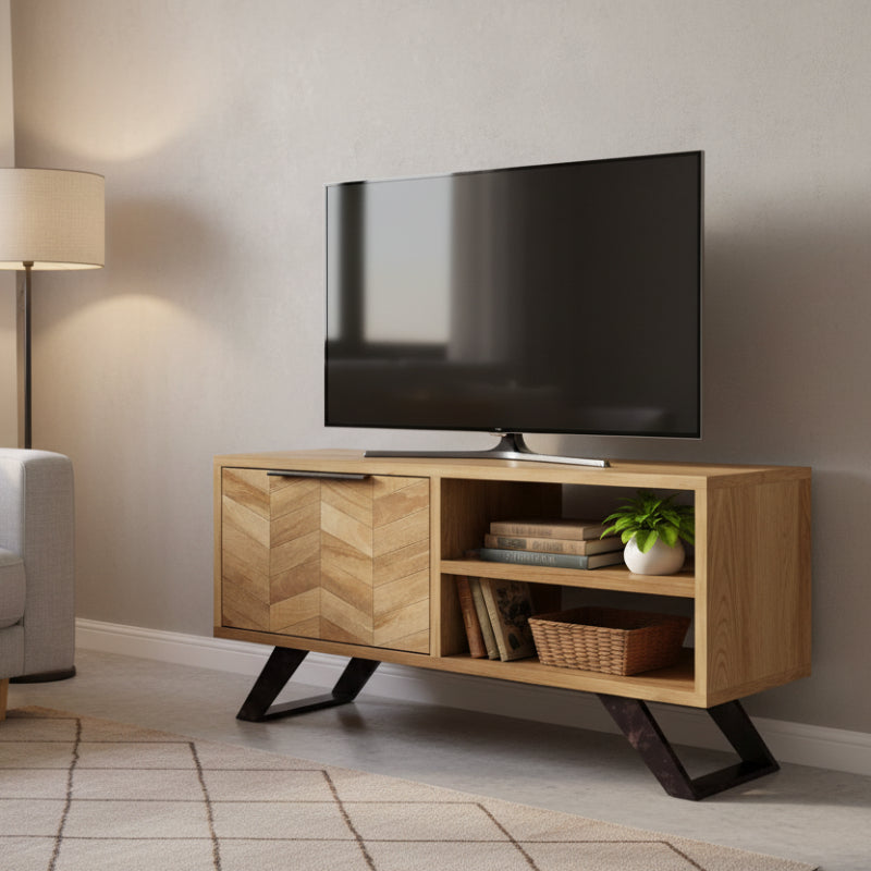 Wooden sideboard with black metal legs on a white background