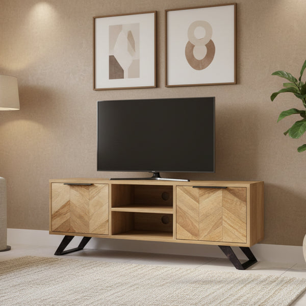 Wooden tv unit with chevron pattern and black metal legs on a white background