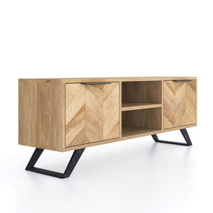 Wooden tv unit with chevron pattern and black metal legs on a white background
