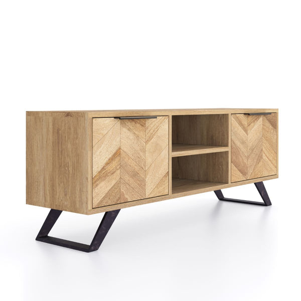 Wooden tv unit with chevron pattern and black metal legs on a white background
