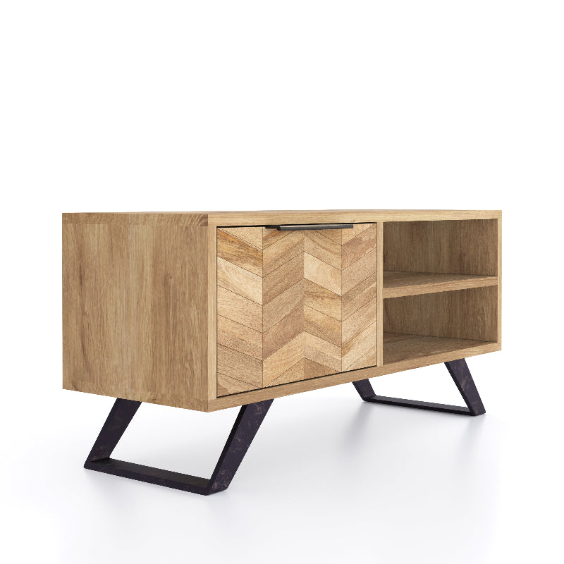 Wooden sideboard with black metal legs on a white background