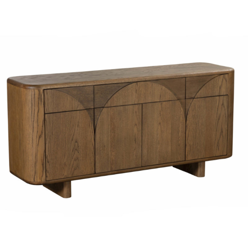 Wooden sideboard with curved design on a white background