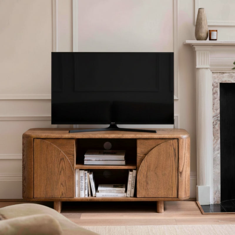 Wooden TV stand with a white background