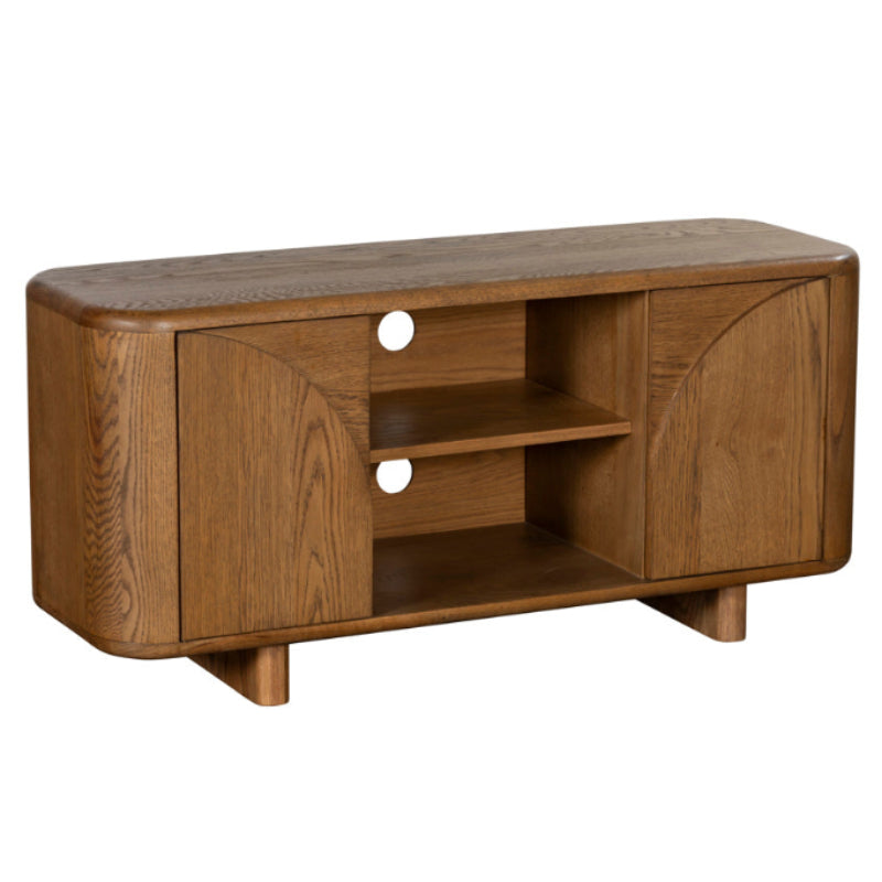 Wooden TV stand with a white background