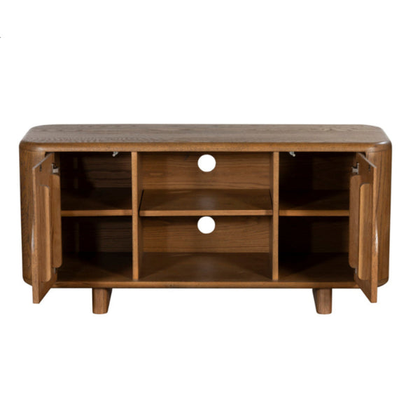 Wooden TV stand with open doors on a white background