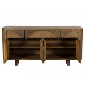 Wooden sideboard with multiple drawers and doors on a white background