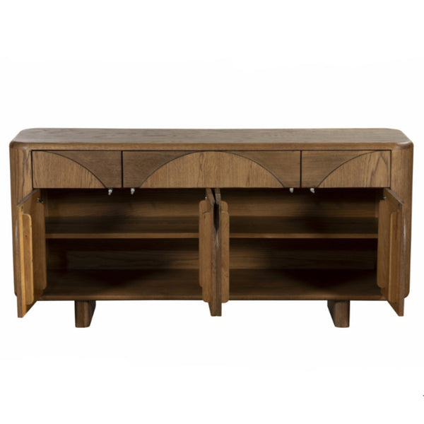 Wooden sideboard with multiple drawers and doors on a white background