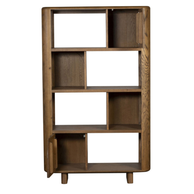 Wooden bookshelf with geometric design on a white background