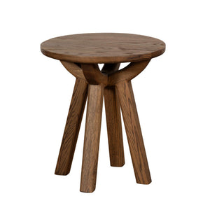 Wooden side table with a round top and four legs on a white background