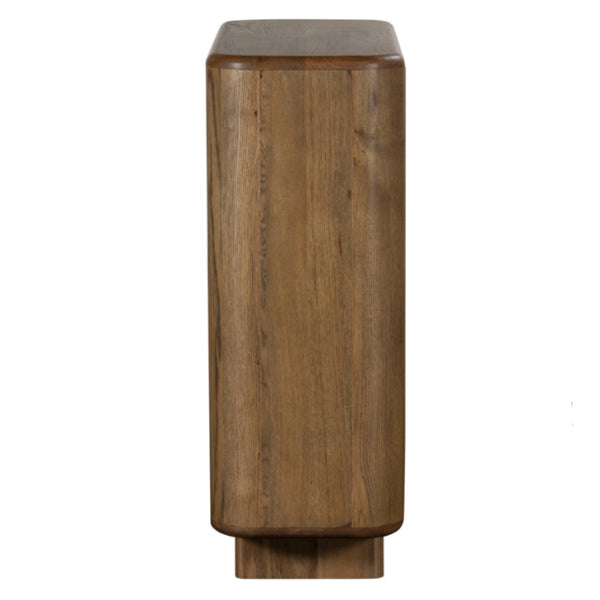 Side view of wooden sideboard on a white background