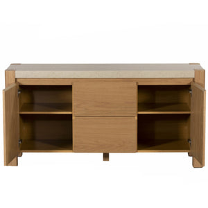 Wooden sideboard with open doors on a white background