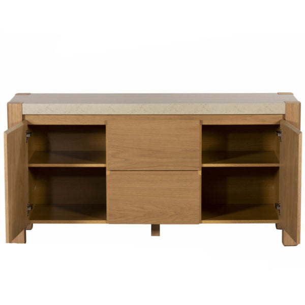 Wooden sideboard with open doors on a white background