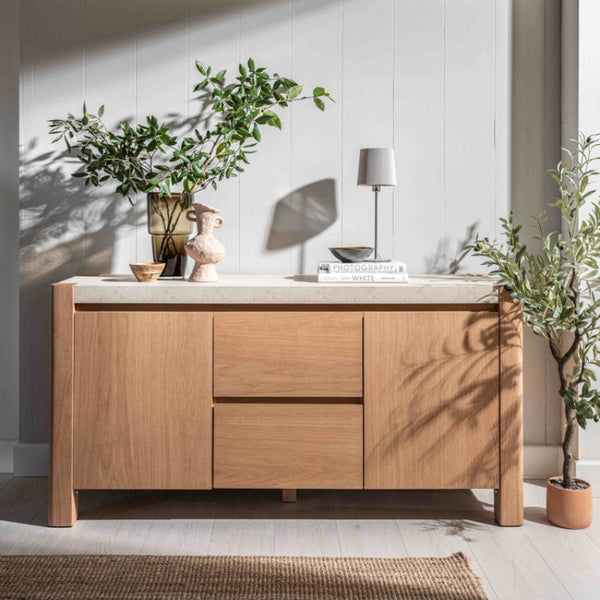 Wooden cabinet with plants in a modern interior setting