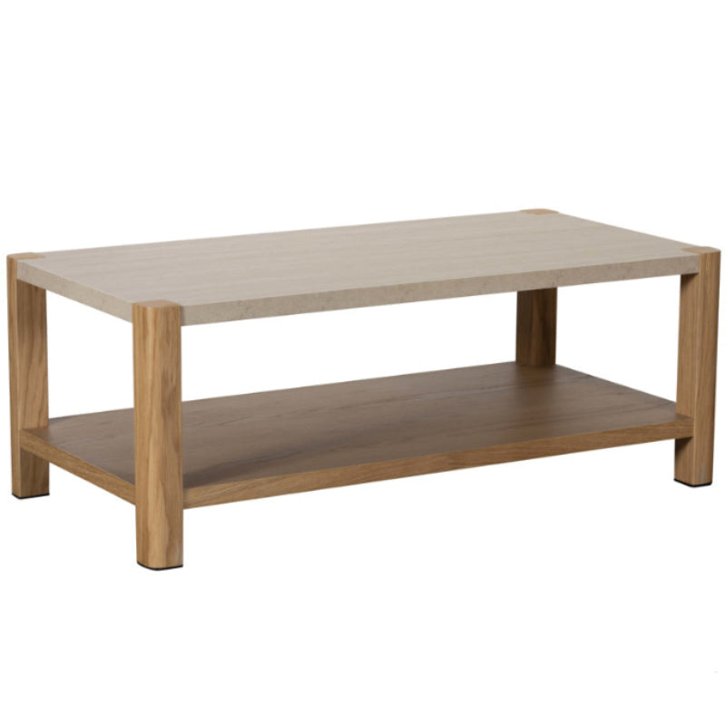 Wooden coffee table with two shelves on a white background