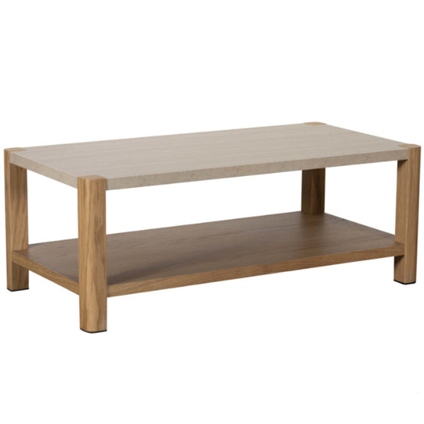 Wooden coffee table with two shelves on a white background