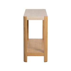 Wooden side table with a light finish on a white background