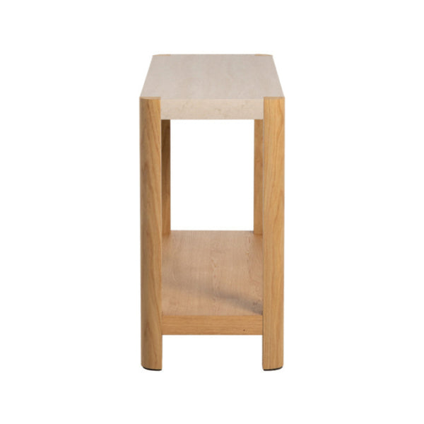 Wooden side table with a light finish on a white background