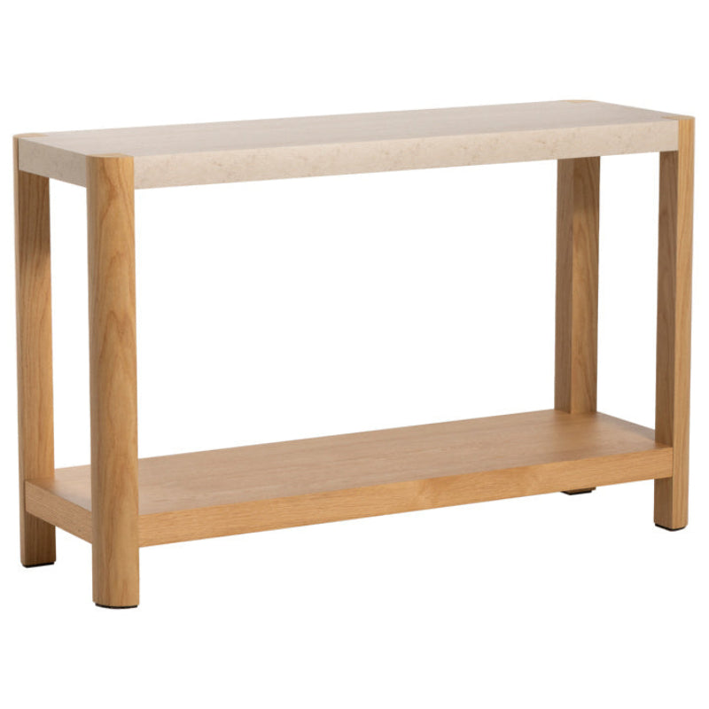 Wooden console table with a white top on a white background