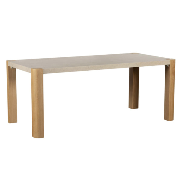 Rectangular table with light wood legs and beige top on a white background