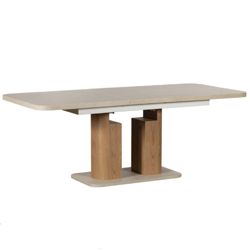 Dining table with light wood top and wooden legs on a white background
