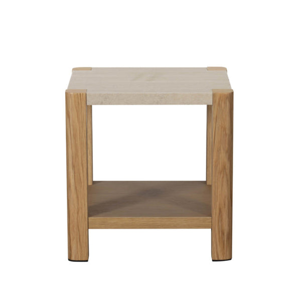 Wooden side table with a light-colored top and dark wooden shelf on a white background
