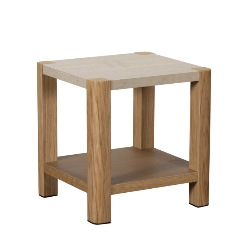 Wooden side table with a light finish on a white background