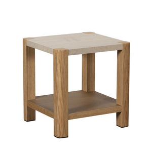 Wooden side table with a light finish on a white background