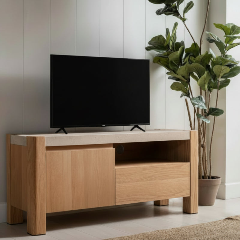 Wooden TV stand with a light gray top on a white background