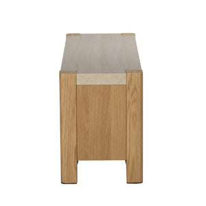Wooden tv unit with a light top on a white background