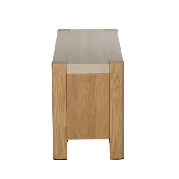 Wooden tv unit with a light top on a white background