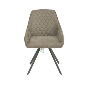 Brown quilted chair with black metal legs on a white background