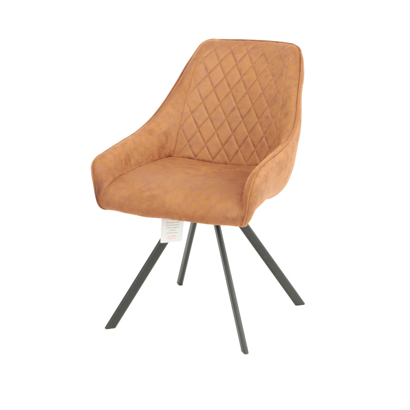 Brown quilted chair with black metal legs on a white background