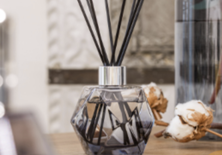 Decorative diffuser with black sticks on a blurred background