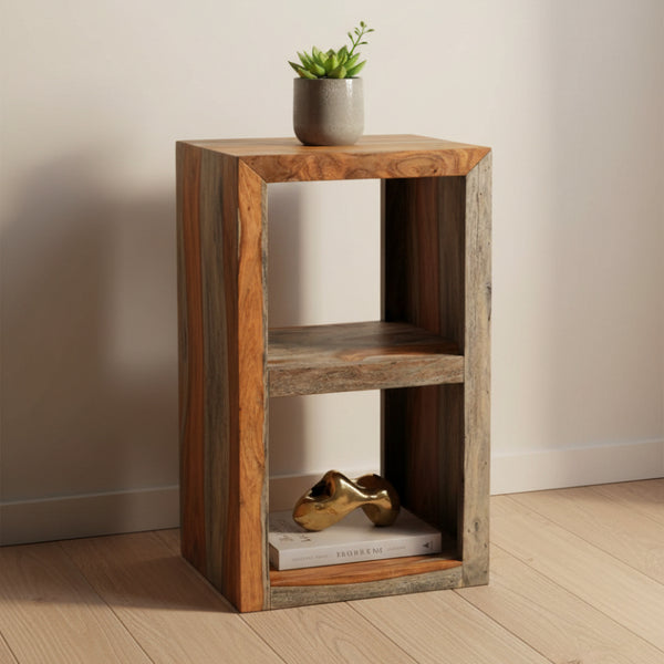 Wooden side table with three shelves on a white background