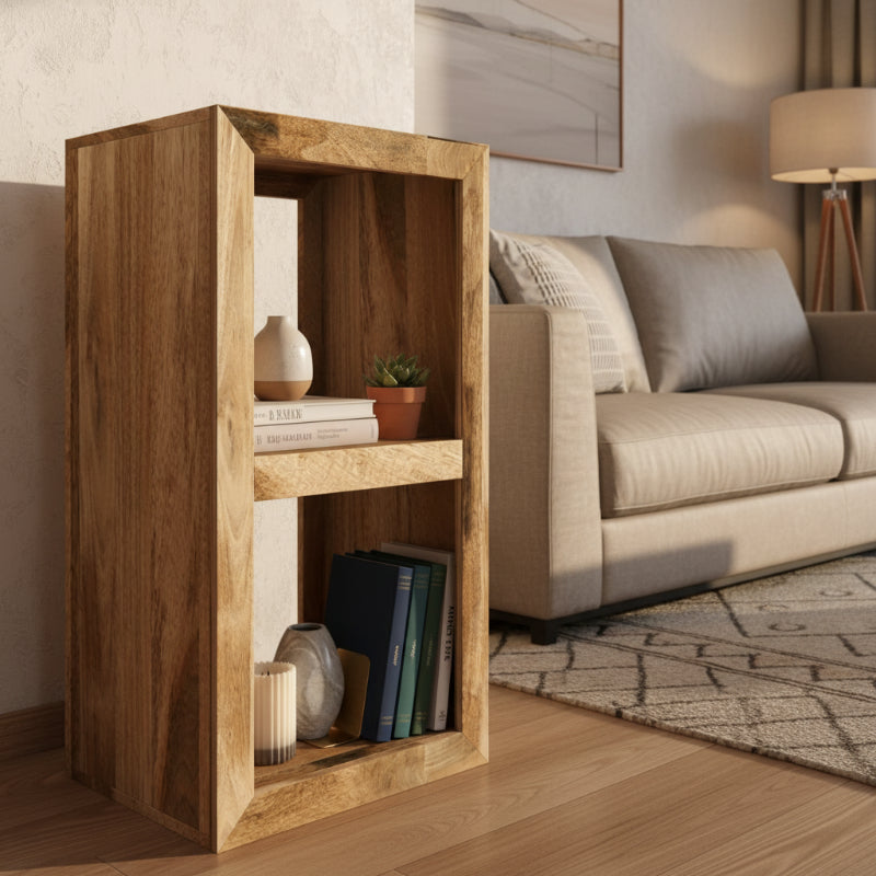 Wooden bookshelf with a single shelf on a white background