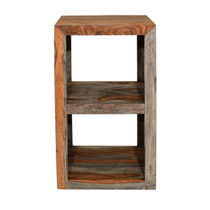 Wooden side table with three shelves on a white background