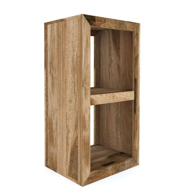 Wooden bookshelf with a single shelf on a white background