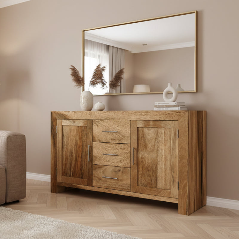 Wooden sideboard with doors and drawers on a white background