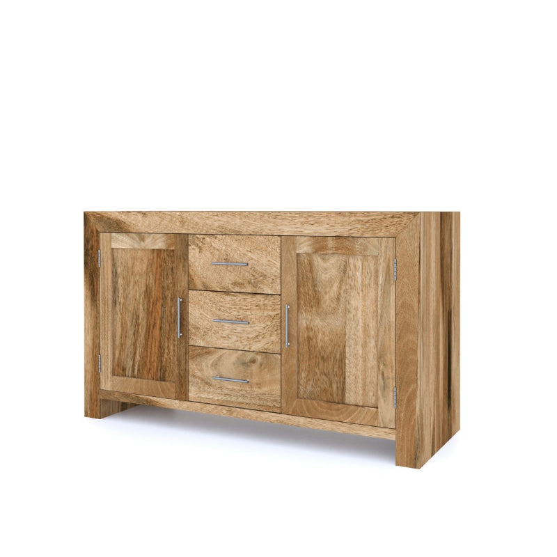 Wooden sideboard with doors and drawers on a white background