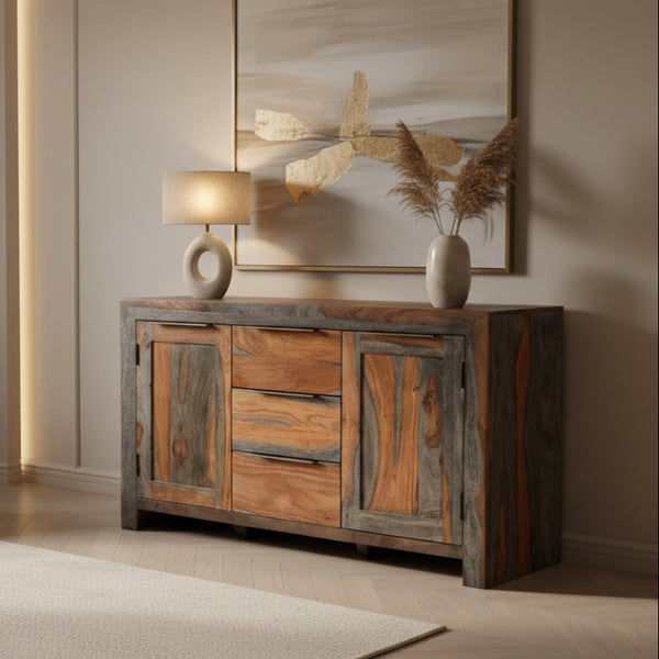 Wooden sideboard with rustic design on a white background