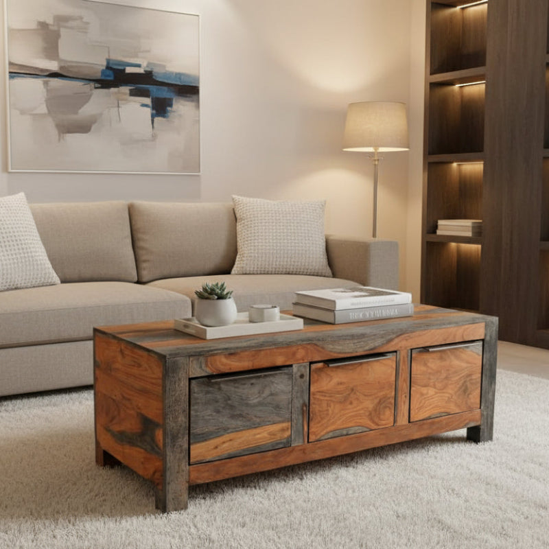 Wooden coffee table with three storage compartments on a white background