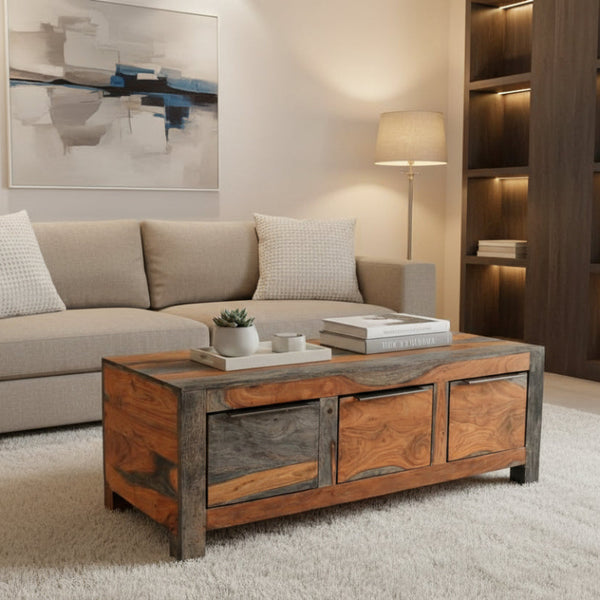 Living room with a gray sofa and wooden coffee table.