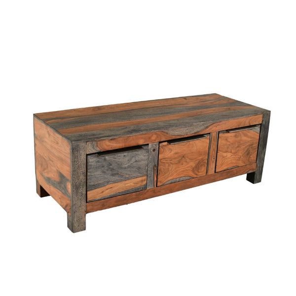 Wooden coffee table with three storage compartments on a white background
