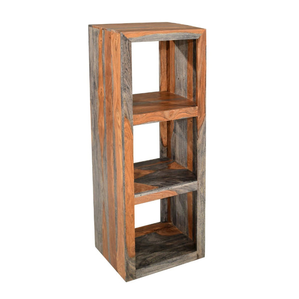 Wooden bookshelf with a rustic design on a white background