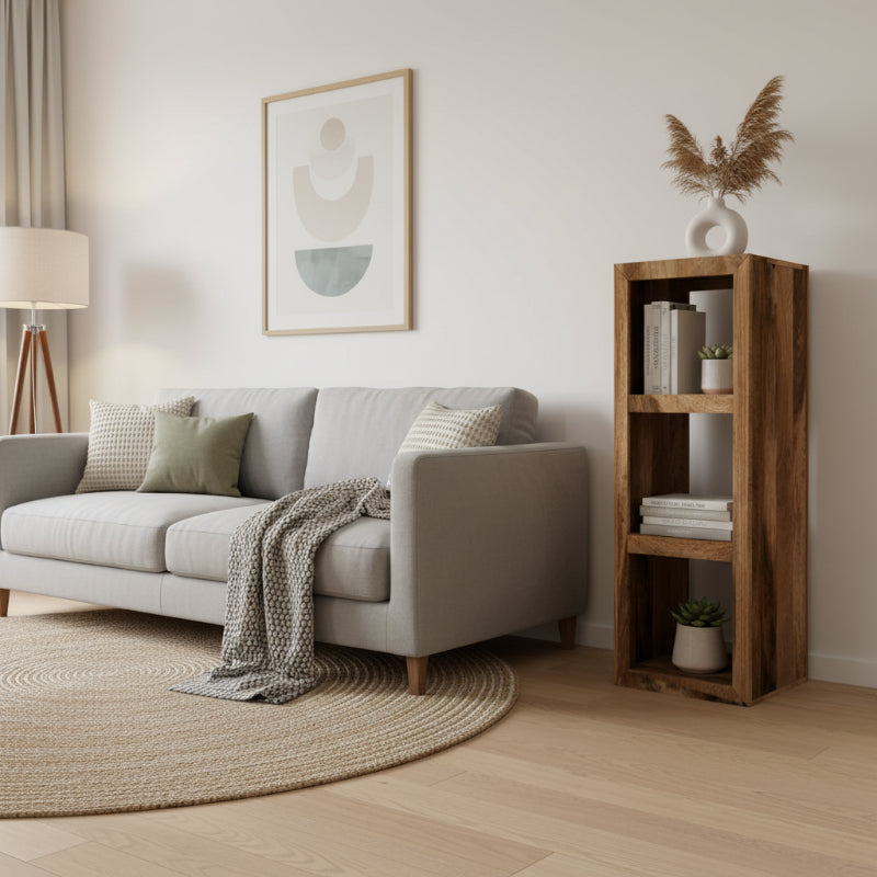 Wooden bookshelf with three shelves on a white background
