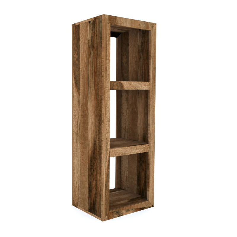 Wooden bookshelf with three shelves on a white background