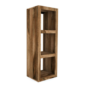 Wooden bookshelf with three shelves on a white background