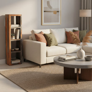 Wooden bookshelf with a rustic design on a white background